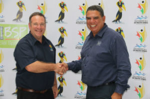 Games Organising Committee CEO, Peter Stewart (l) with NITV commentator, Mark Ella.