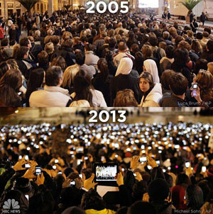 These two photos taken just eight years apart at the announcements of the two most recent Popes was used by Twitter's Melissa Barnes to illustrate how quickly the world has embraced the mobile digital age. Credit: Luca Bruno/AP, Michael Sohn/AP