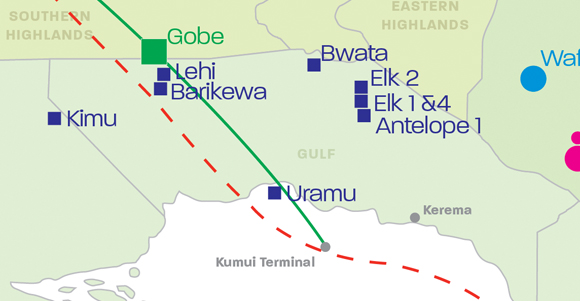 Gulf Province, showing potential gas projects, including InterOil's Elk and Antelope fields