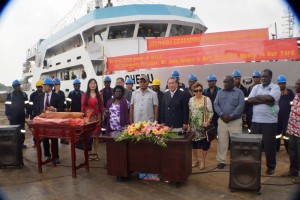 Launching of the MV Chebu, with ABG President, John Momis and Sir Henry Chow. Credit: New Dawn