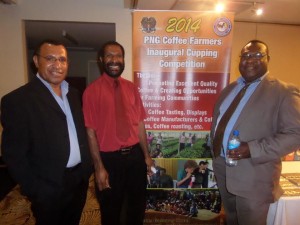 PNG coffee scientists Tom Kukhang, Dr Mark Kenny, and Dr Nelson Simbiken. Credit: Malum Nalu.
