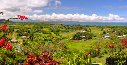 Panorama of the Fijian west coast. In the foreground Hibiscus - the Fijian national symbolic flower. In the background Nadi and Denerau Island. Credit: BluesandViews