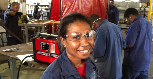 Fabrication Welding Tutor Theda Theo from Morobe. Credit: APTC