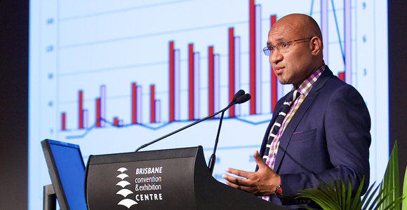 Treasury Secretary Dairi Vele gives his economic update at the 2015 PNG Advantage investment Summit