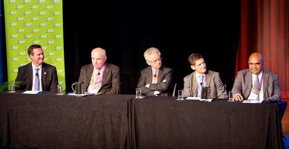 A stellar panel discusses PNG's LNG future at the 2015 PNG Advantage Investment Summit. From left: Andrew Barry (ExxonMobil PNG), Peter Botten (Oil Search), Olivier de Langavant (Total), Mike Fox (Repsol) and Wapu Sonk (NPCP)