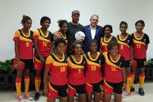 PNG's under-20 women's soccer team and sports minister Justin Tkatchenko in Mount Hagen. Credit: Facebook/Justin Tkatchenko