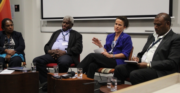 Dr Linda Van Leeuwin (second from right) in Canberra discussing the gender violence issue with Dr Eric Kwa, Secretary/CEO PNG Constitutional Law Reform Commission. 